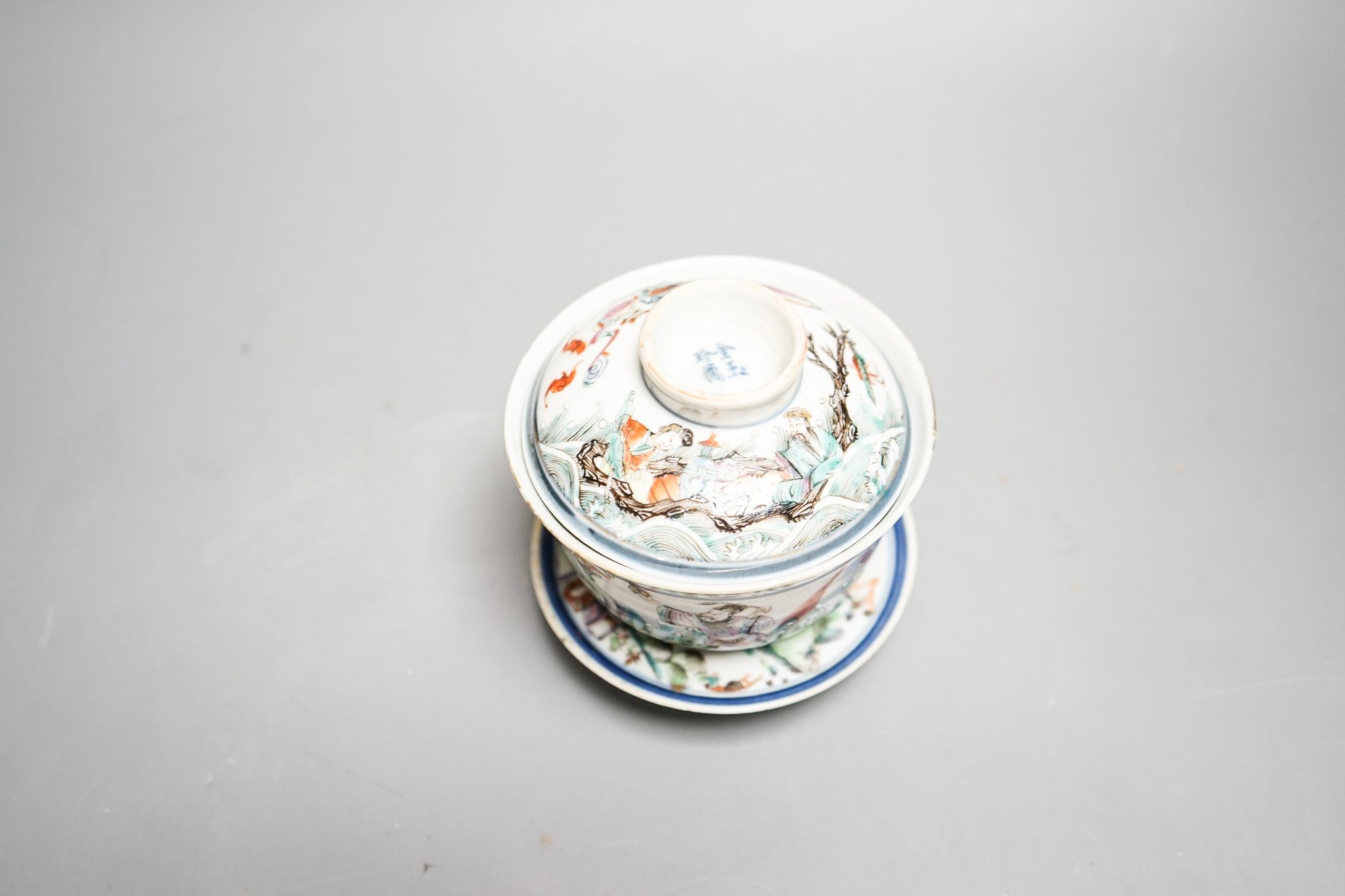 A late 19th century Chinese famille rose rice bowl, cover and stand, 11cm